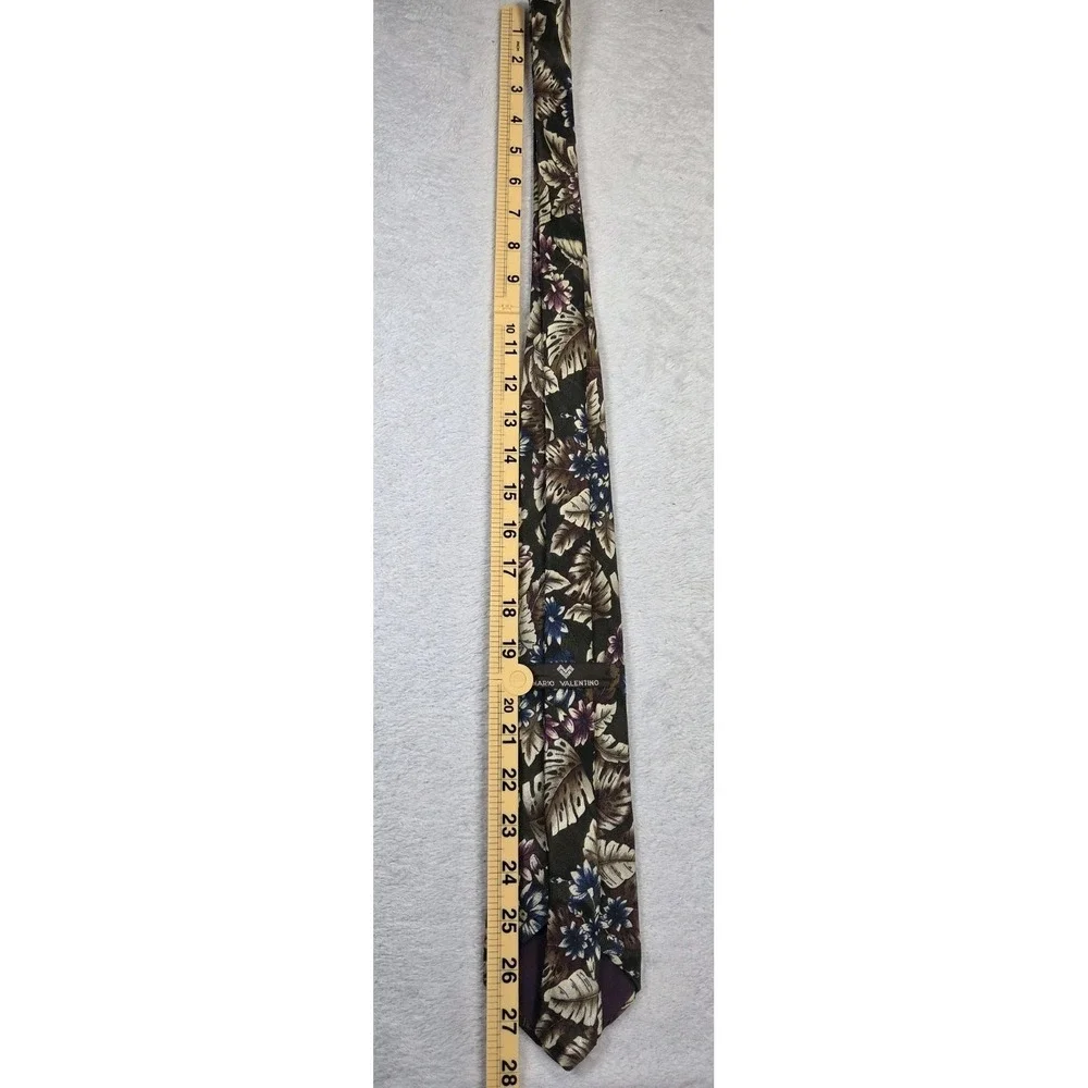 Vintage Mario Valentino Silk Tie Italy Floral Botanical Blue Burgundy Designer